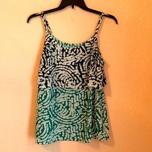 CAbi Hobnob, Cami (Item 5732), green, white and black print in two-tiers.